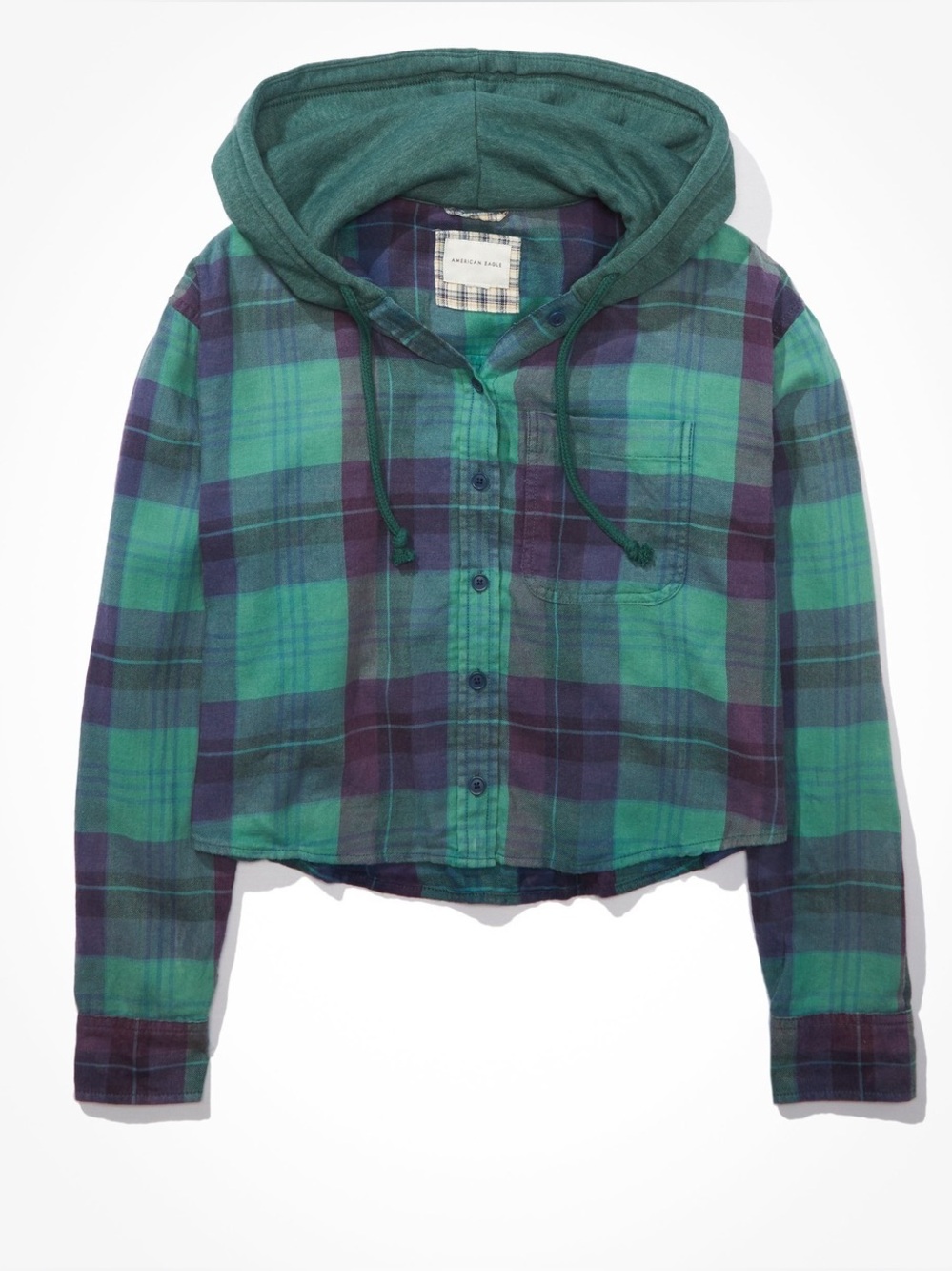 NEW AMERICAN EAGLE AERIE Plaid Hooded Flannel Jacket Green BLUE ABERCROMBIE